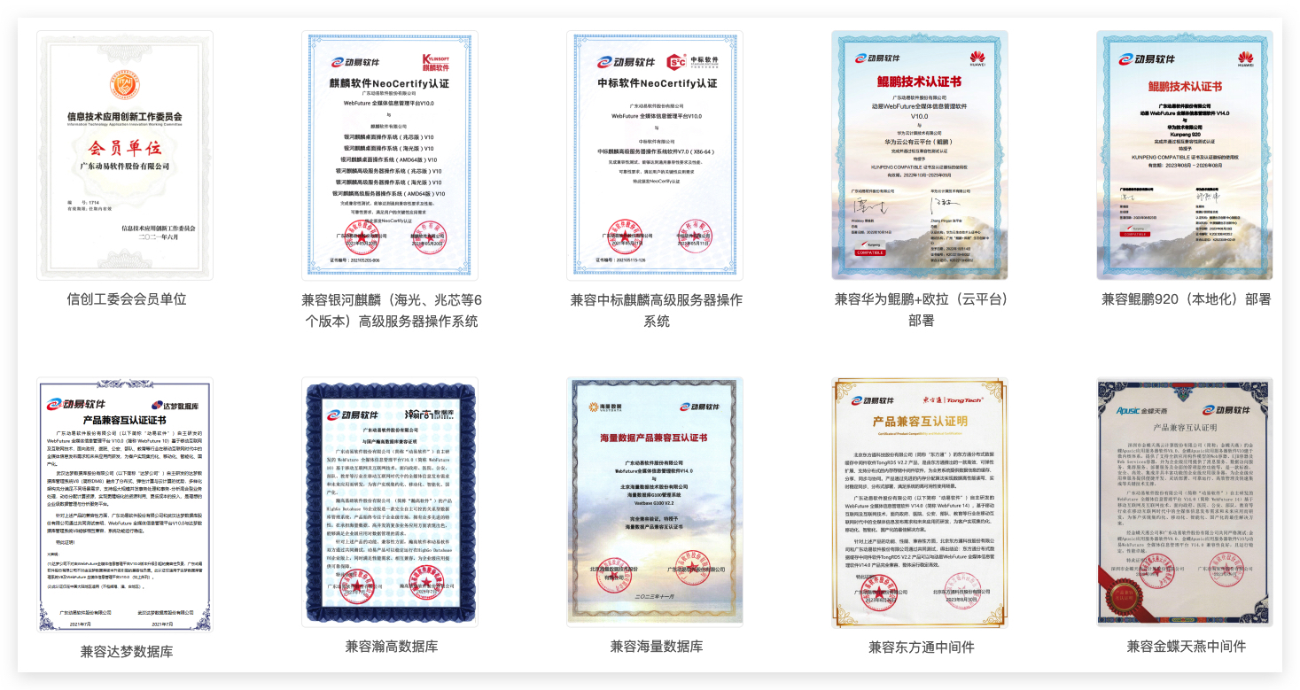 動易軟件與主流信創(chuàng)廠商互認(rèn)證書